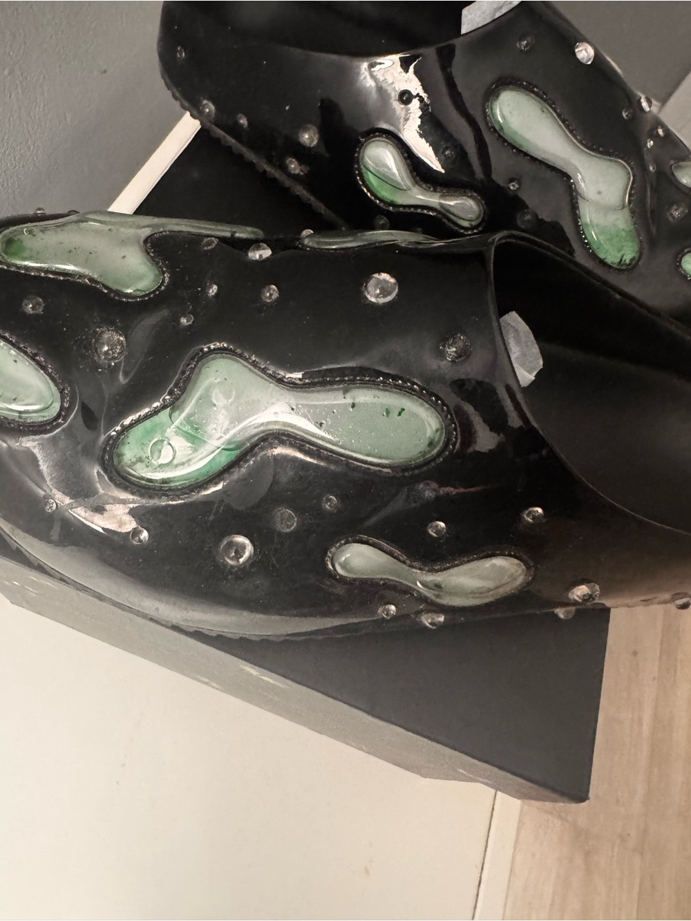Black Patent Slide Mules with Green Inset Details